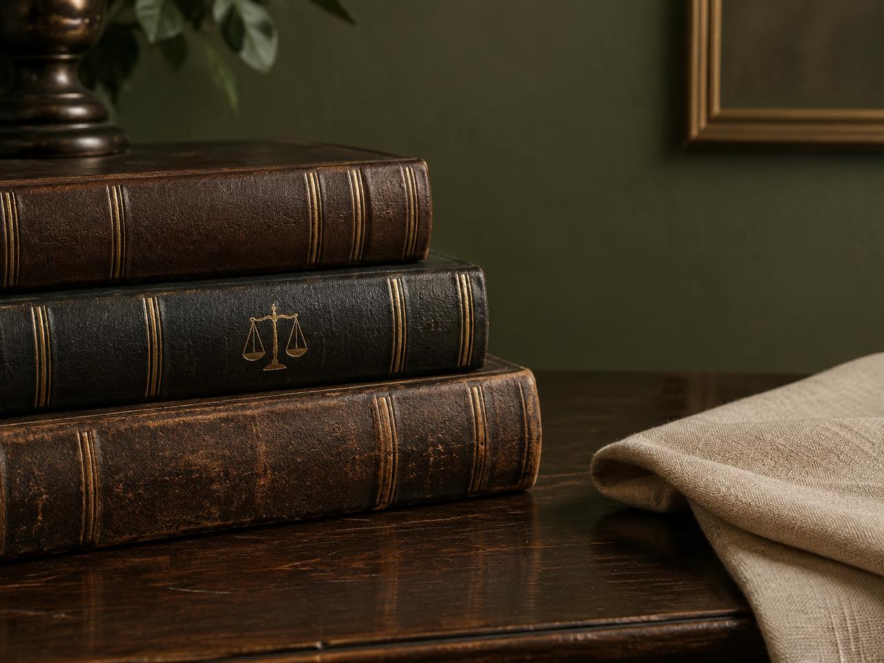 Livros jurídicos encadernados sobre mesa de madeira